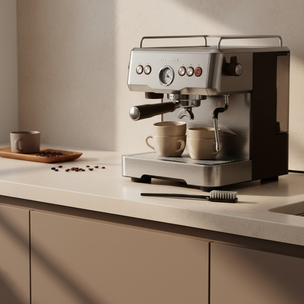 Brosse nettoyage infuseur expresso à côté d'une machine café