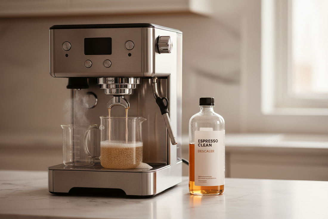 Machine expresso moderne avec flacon détartrant CaffeoCare sur plan de travail en marbre blanc