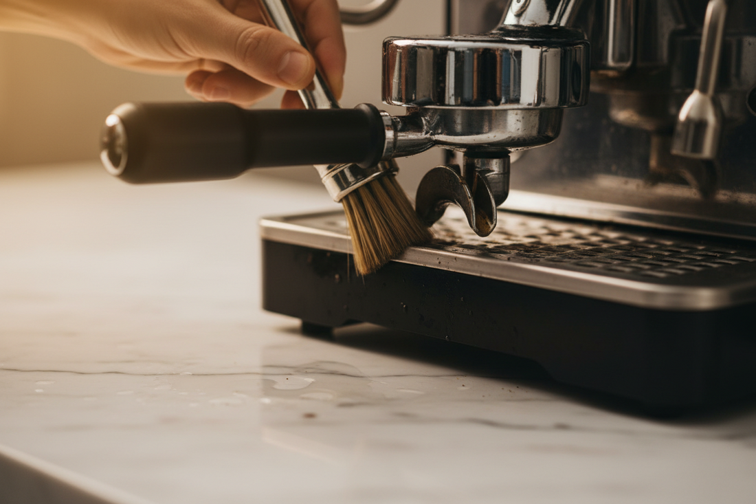 Nettoyage groupe infuseur machine expresso avec brosse de précision CaffeoCare