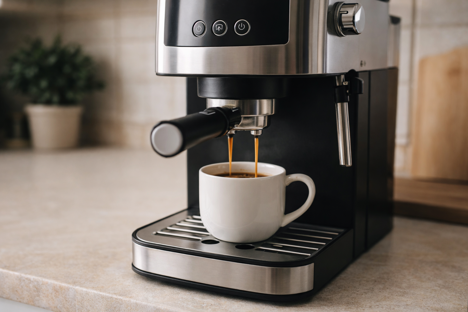 Machine à café sur un plan de travail de cuisine avec une tasse de café, illustrant l’entretien et l’utilisation quotidienne
