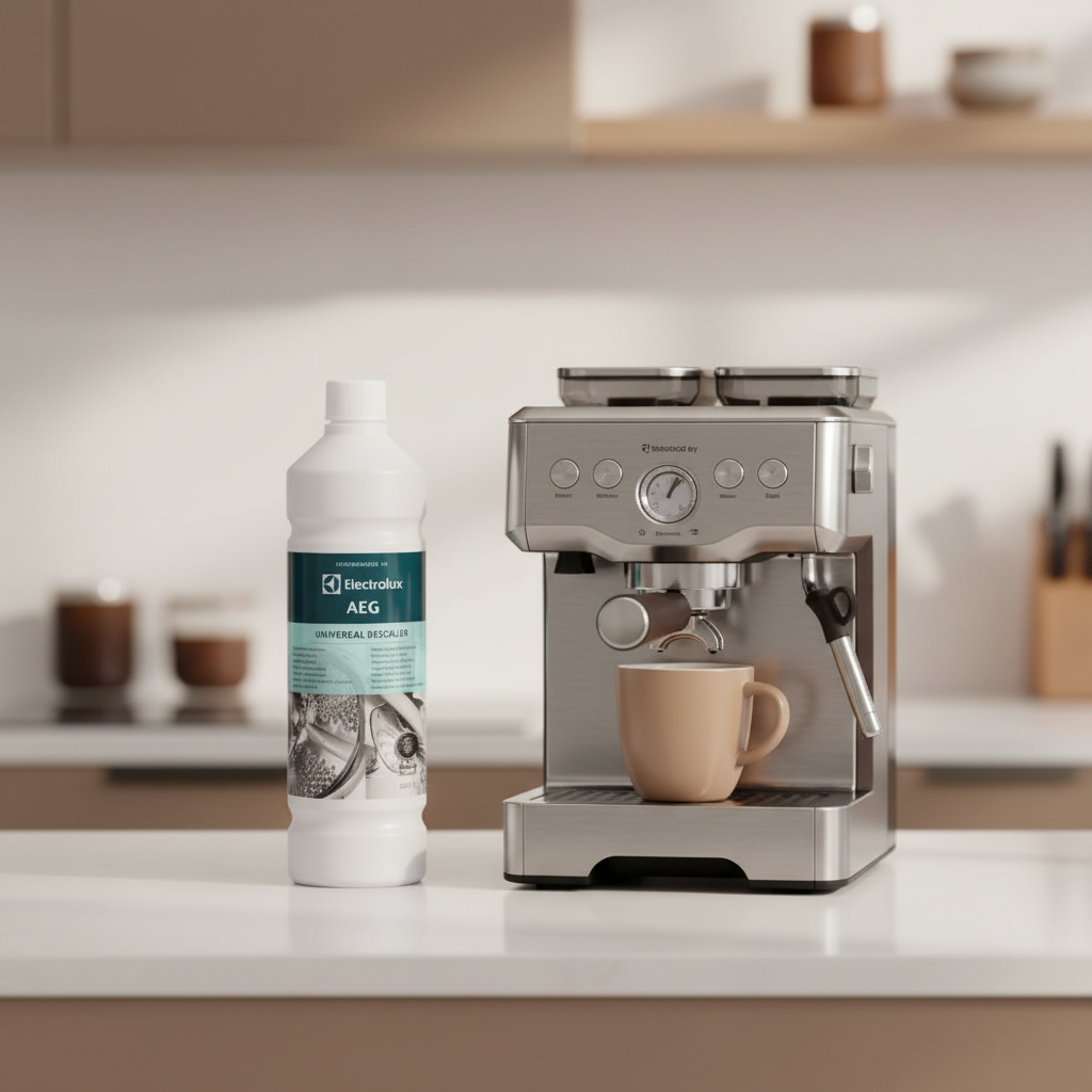 Détartrant liquide Electrolux AEG à côté d'une machine expresso