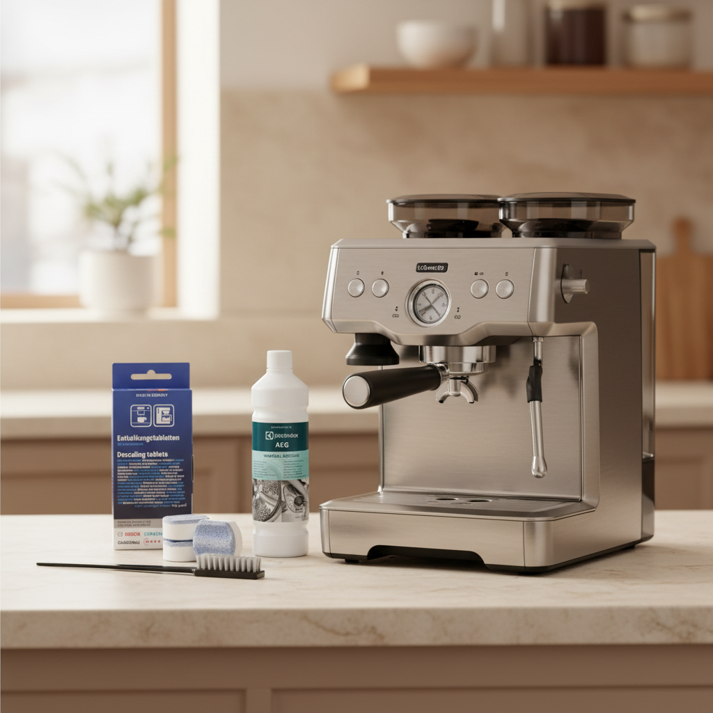 Kit entretien machine expresso posé sur un plan de travail de cuisine