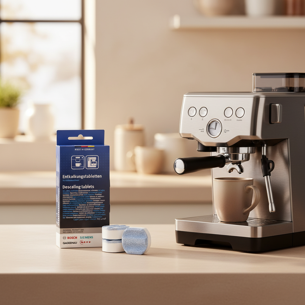 Pastilles détartrantes TCZ8002A à côté d'une machine expresso
